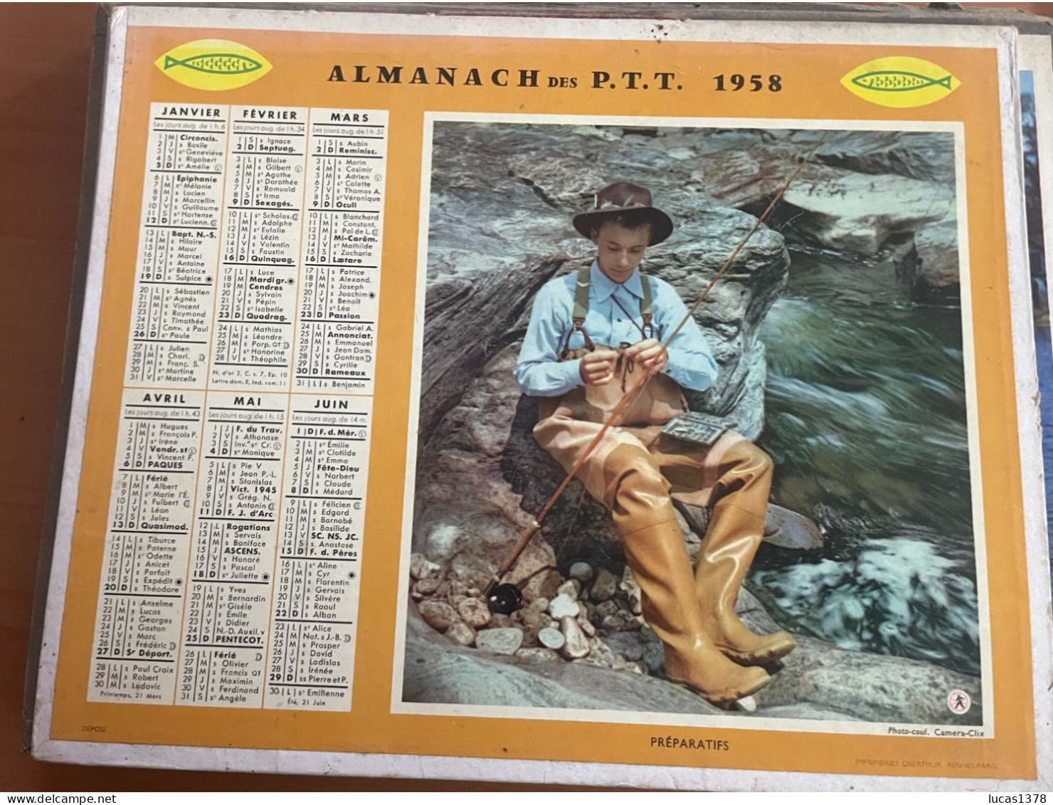 CALENDRIER ALMANACH DES POSTES  1958 / PECHE  / CHASSE - Grand Format : 1941-60