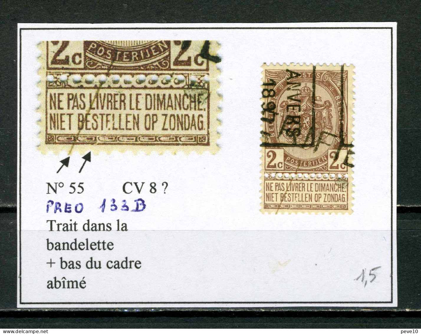 Belgique  N°55  CV 8 ?  Préo 133  B Trait Sur La Bandelette + Bas Du Cadre - 1901-1930