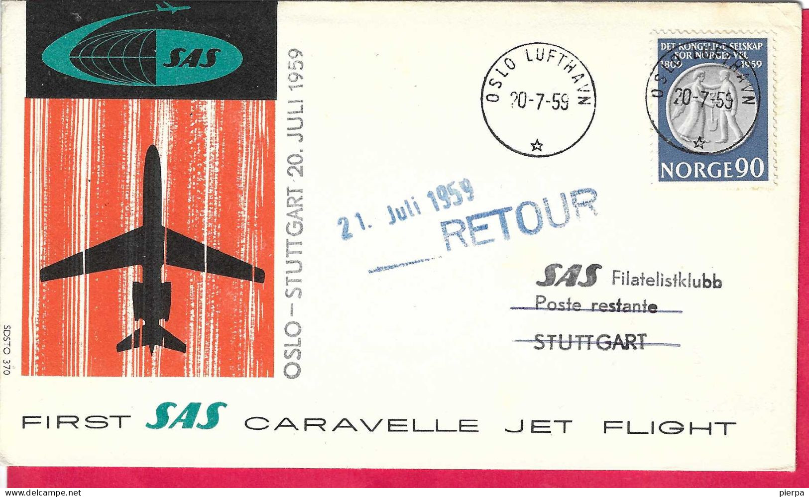 NORGE - FIRST SAS CARAVELLE FLIGHT - FROM OSLO TO STUTTGART *20.7.59* ON OFFICIAL COVER - Lettres & Documents