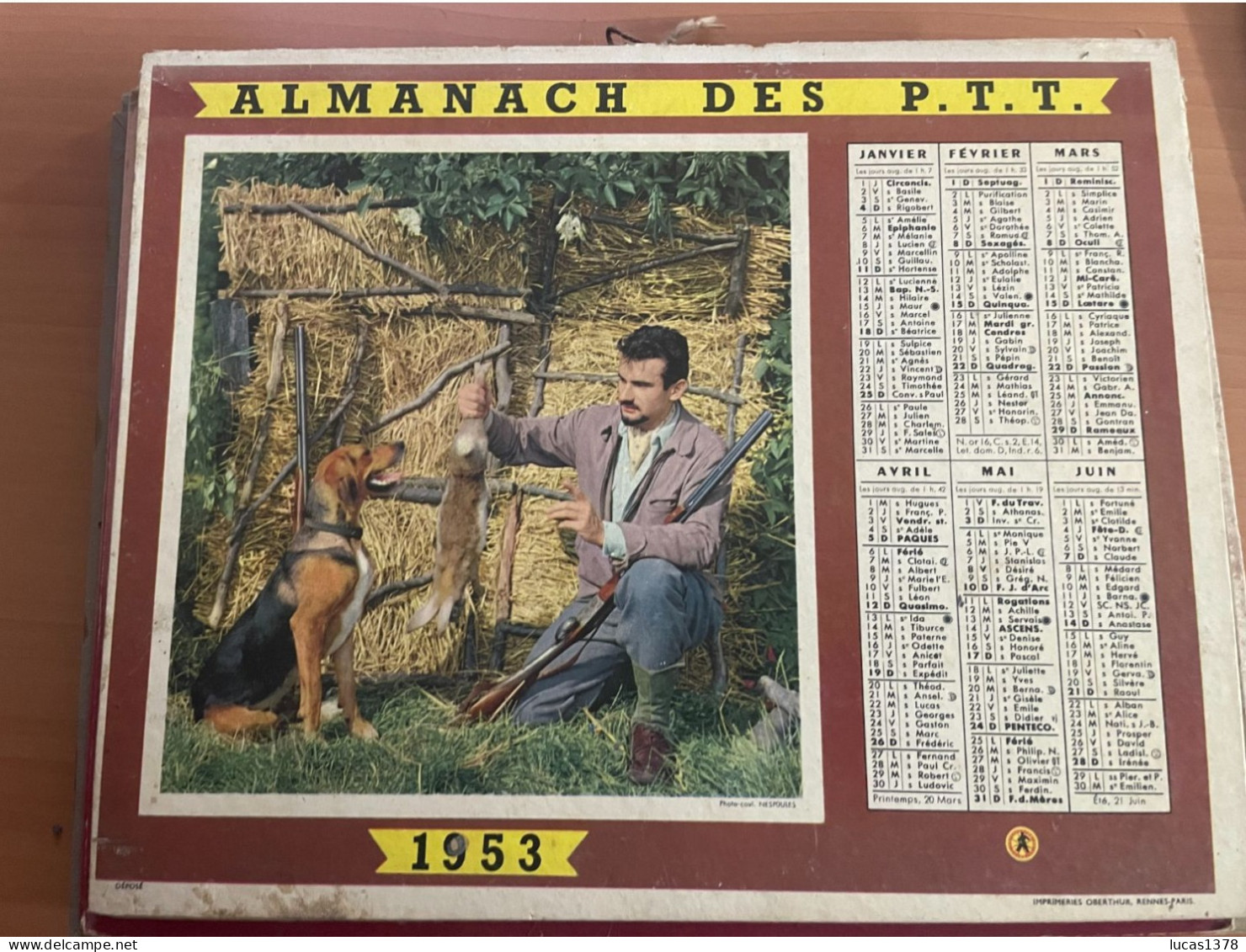 CALENDRIER ALMANACH DES POSTES  1953 / PECHE ET CHASSE - Formato Grande : 1941-60