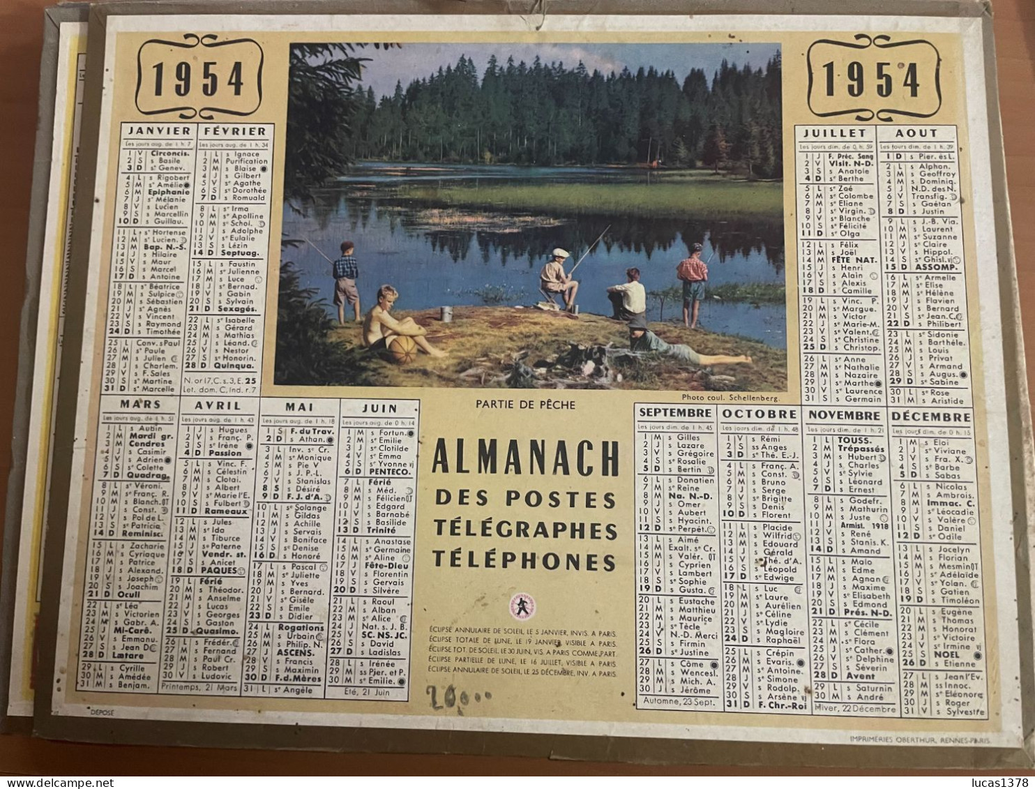 CALENDRIER ALMANACH DES POSTES  1954 / PARTIE DE PECHE - Grand Format : 1941-60