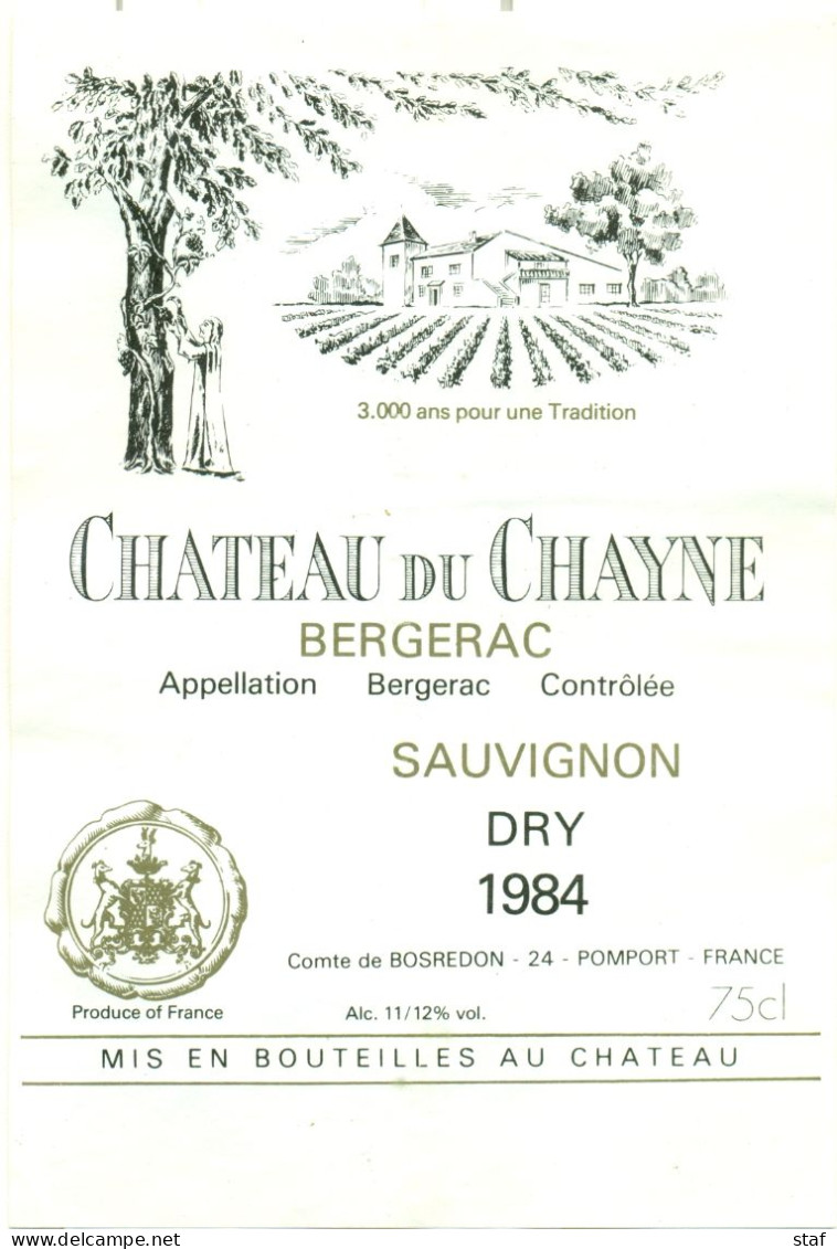 (M4) Etiquette - Etiket Château Du Chayne Bergerac  - Sauvignon Dry 1984 - Bergerac