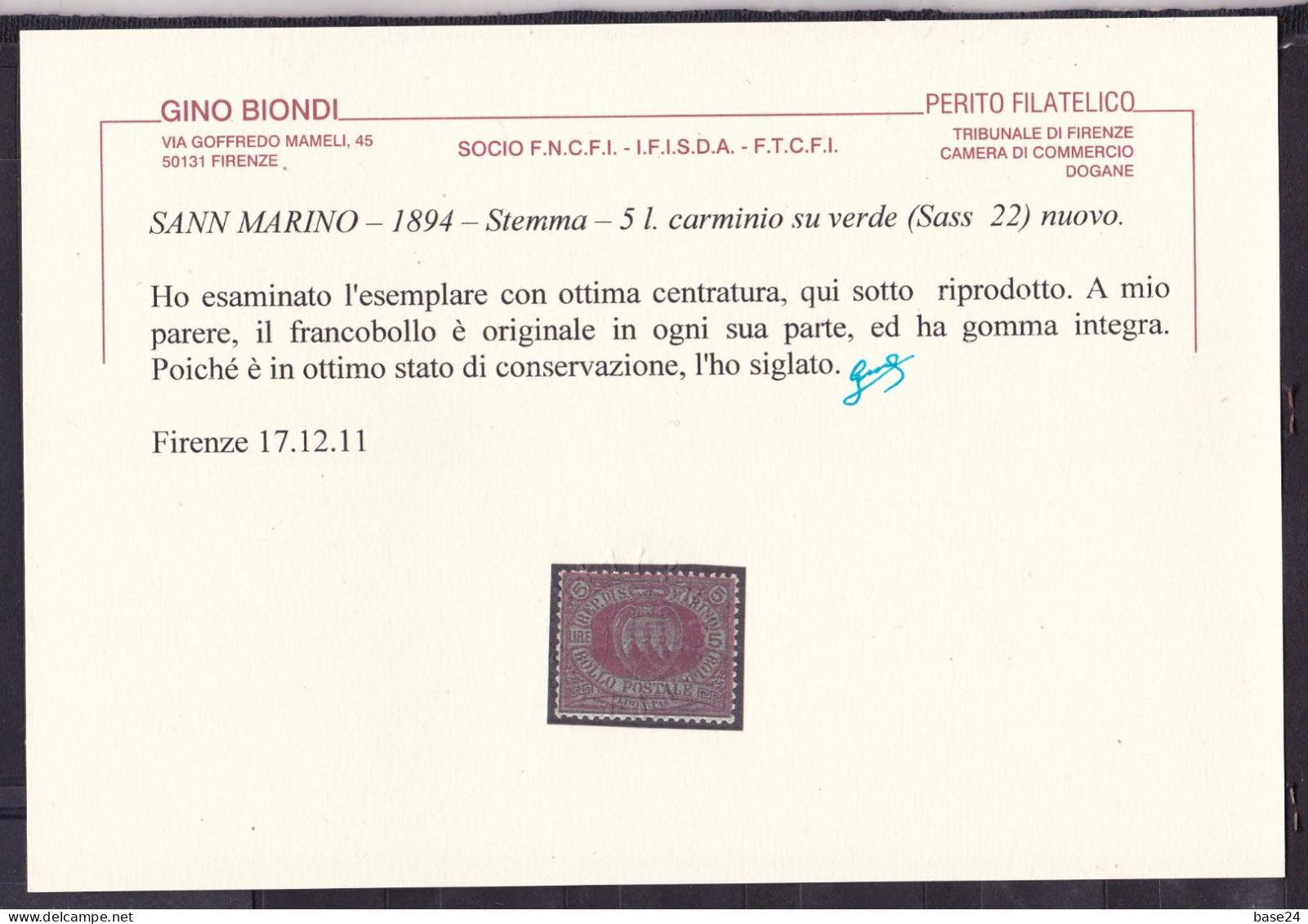 1892 San Marino Saint Marin SERIE CIFRA O STEMMA 5L Carminio Verde (N°22) MNH** Centrato, Con Certificato - Neufs