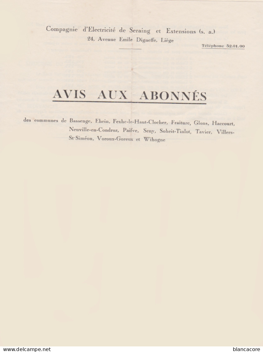 Cie D' Electricité De SERAING Pour Bassenge Fexhe Fraiture Glons Haccourt Tavier Paifve Soheit Tinlot Voroux Wihogne - Elettricità & Gas