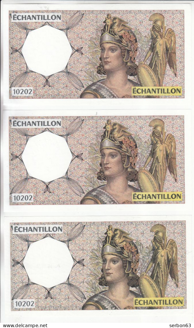 3 ÉCHANTILLONS N° 10202 VIGNETTES ATHÉNA RÉGLAGE DU 200 FRANCS MONTESQUIEU PAPIER FIDUCIAIRE AVEC FILIGRANE. - Fictifs & Spécimens