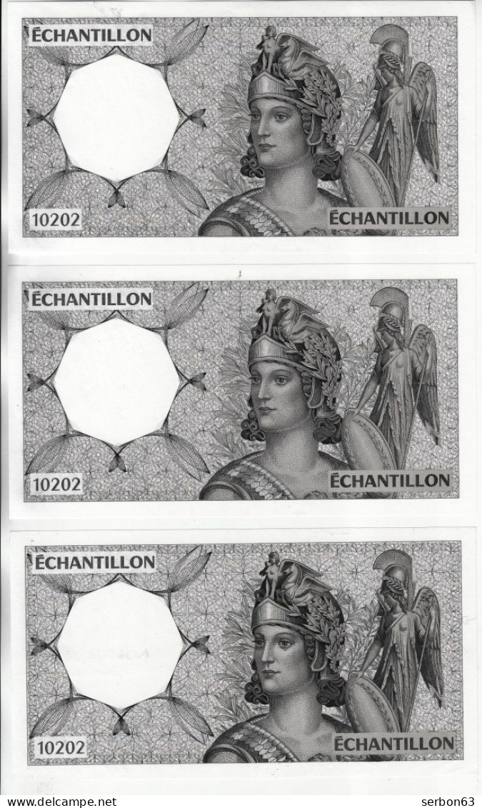 3 ÉCHANTILLONS N° 10202 VIGNETTES ATHÉNA RÉGLAGE DU 200 FRANCS MONTESQUIEU PAPIER FIDUCIAIRE AVEC FILIGRANE. - Fictifs & Spécimens