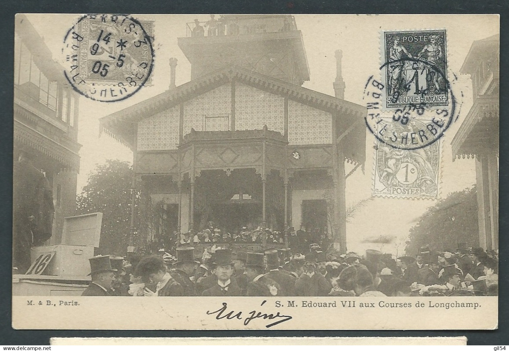 Affran. Mixte 2 émission Sage + Type  Sur Cpa, Obl 9/05/1905, S.M. Edouard VII Aux Courss De Longchamp  LL19616 - Lettres & Documents