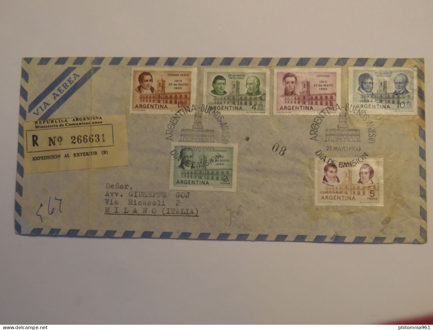 ARGENTINA REGISTERED AIRMAIL COVER TO ITALY 1960 - Used Stamps