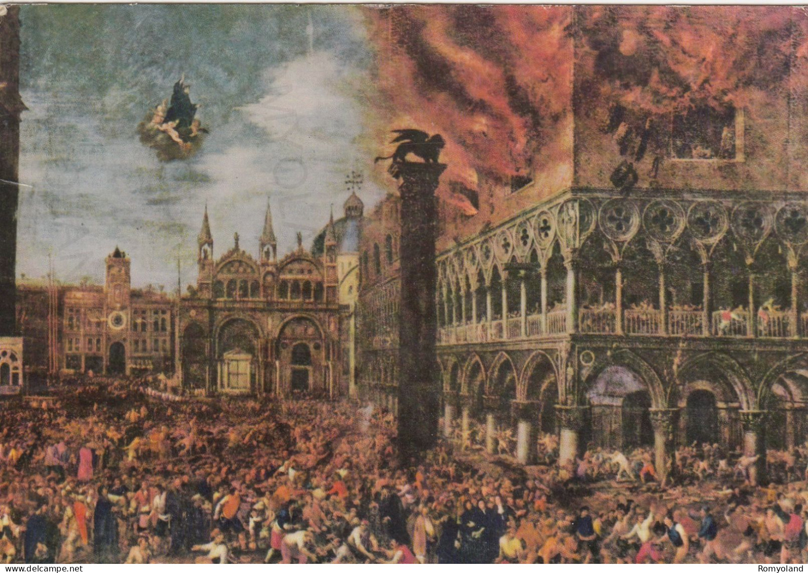 CARTOLINA  TOLENTINO,MACERATA,MARCHE-BASILICA DI S.NICOLA-M.STOMER-INCENDIO DEL PALAZZO DUCALE DI VENEZIA-VIAGGIATA 1964 - Oristano