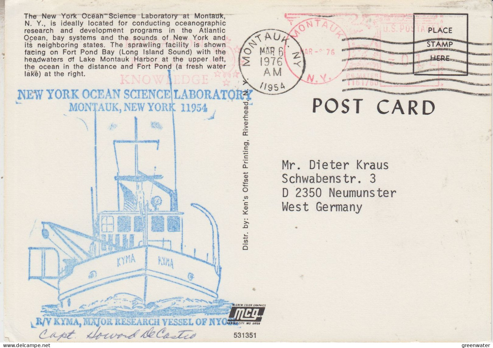 USA New York Ocean Science Laboratory Montauk / RV Kyma Postcard Signature Ca Montaux MAR 6 1976 (WW164) - Estaciones Científicas Y Estaciones Del Ártico A La Deriva