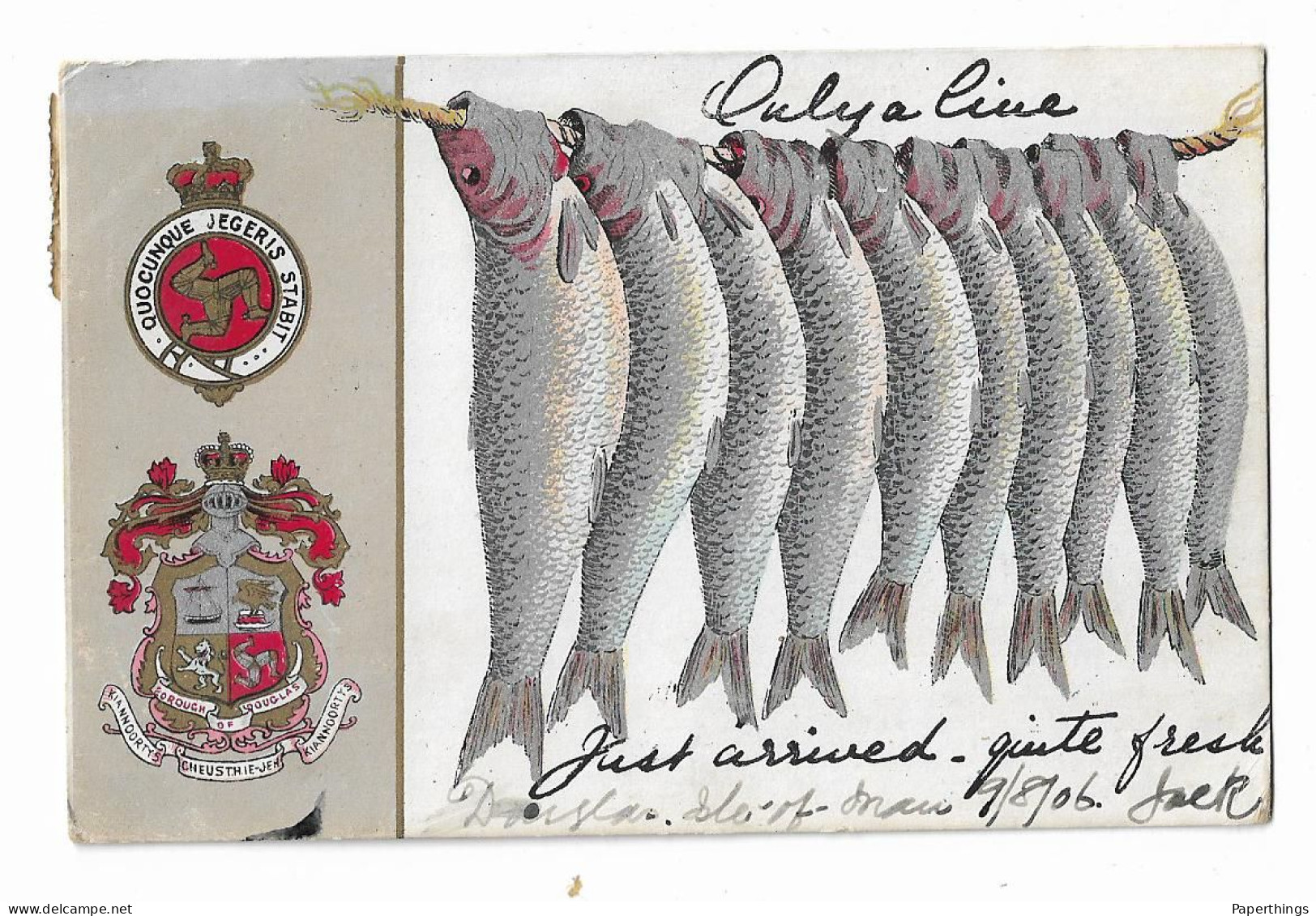 Postcard, Greetings From The Isle Of Man, Fish, Coat Of Arms, 1906. - Isle Of Man