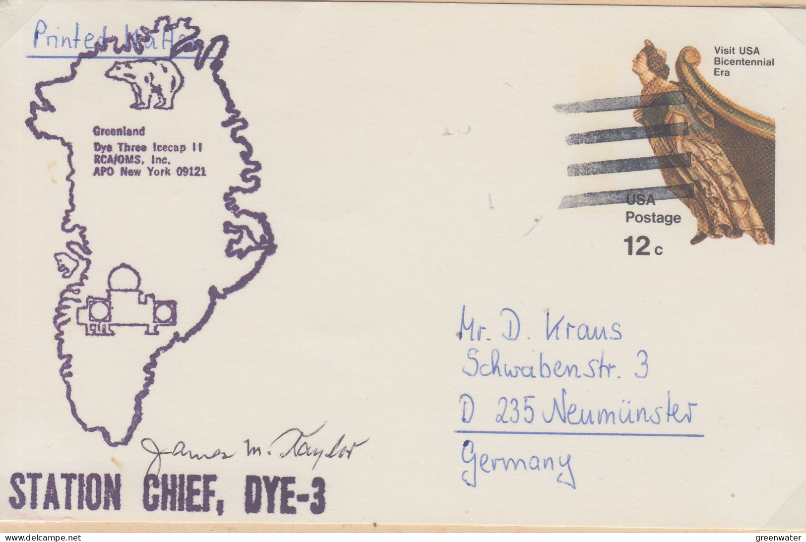 USA Card Greenland Dye Three Icecap Signature Starion Chief Dye-3 (WW166) - Scientific Stations & Arctic Drifting Stations