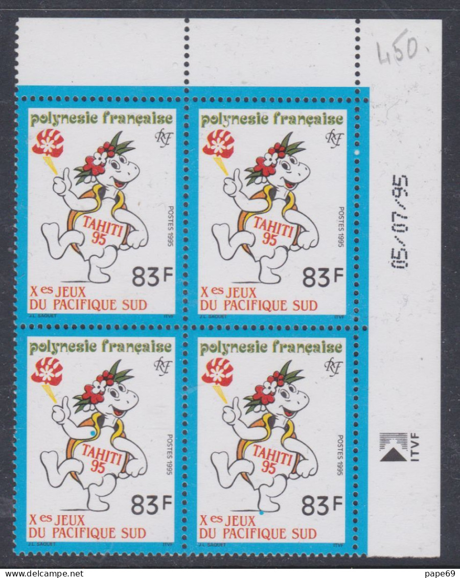 Polynésie N° 488 XX "Tahiti' 95" Jeux Pcifique Sud  En Bloc De 4 Bandes, Coin Daté Du 05 . 07 . 95 ; Sans Charnière, TB - Neufs