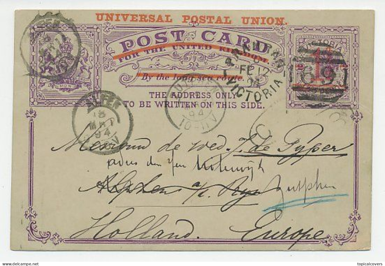 Postal Stationery Prahran Victoria - Alfen / Alphen A.d Rijn The Netherlands 1894 - Storia Postale