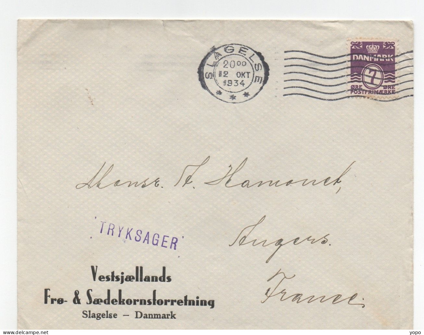 Danemark : Enveloppe Avec Entête De 1934, De Slagelse Pour La France, , Timbre N°211 - Franking Machines (EMA)