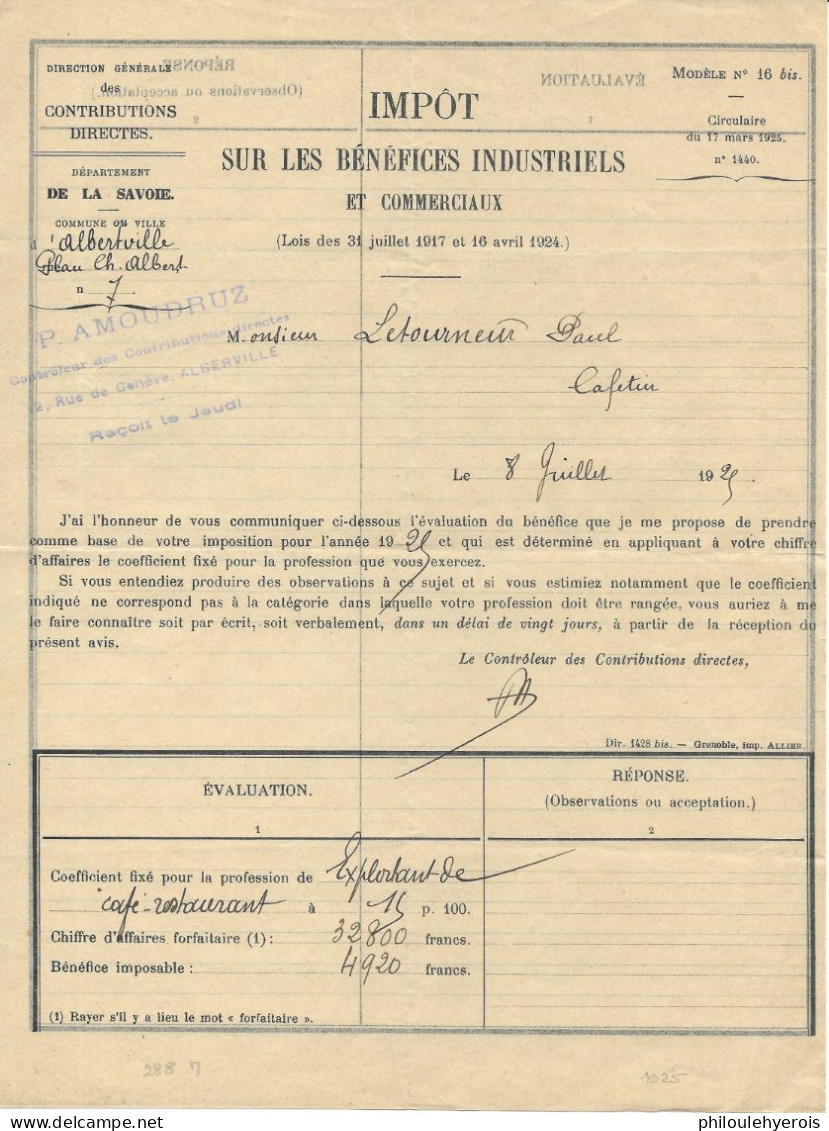 ALBERTVILLE (73) 1925 Impôt Bénéfices Commerciaux Pour Letourneur Paul Cafetier - Non Classés