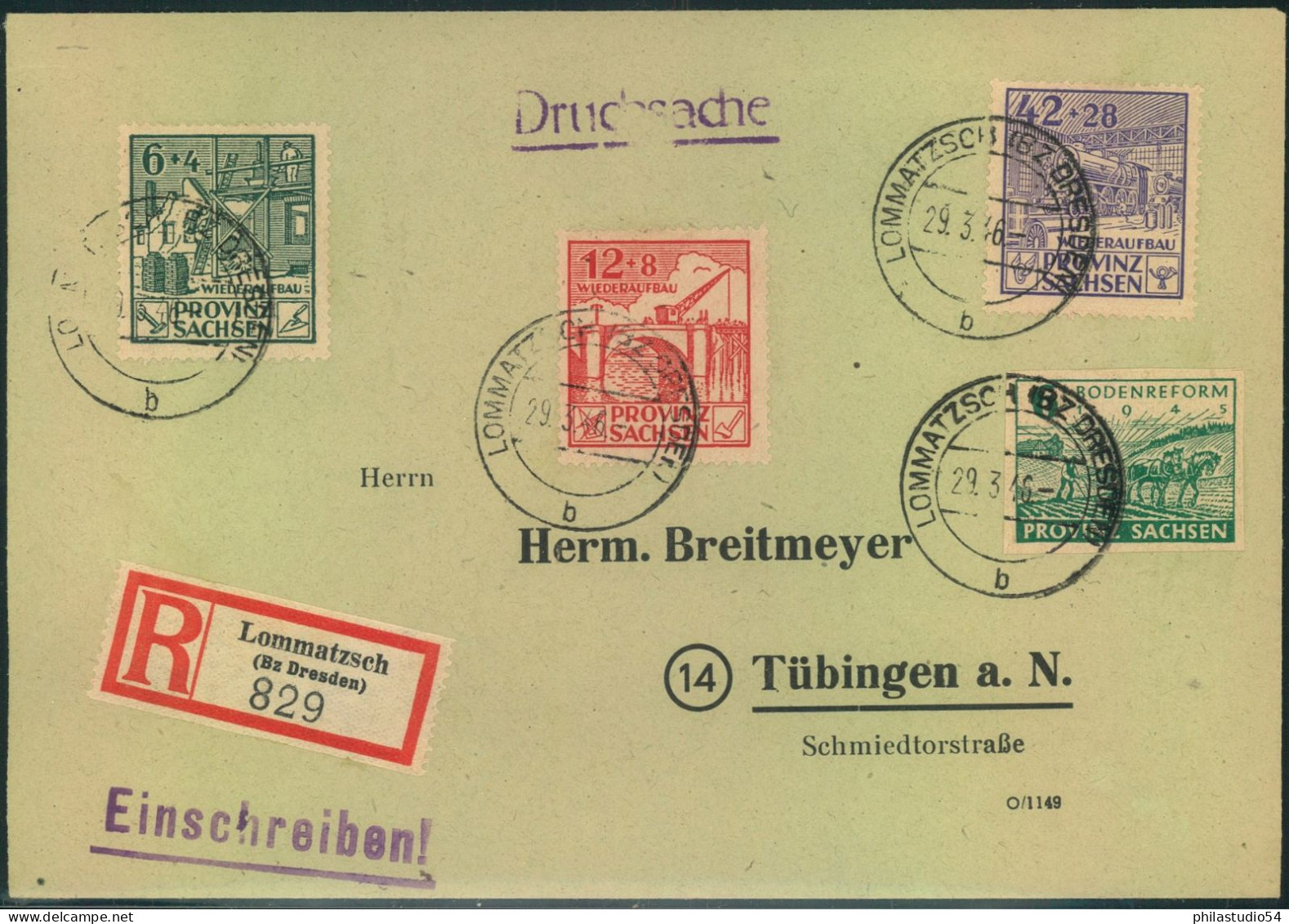 1946, 29.3.46, Wiederaufbau Komplett Mit 6 Pfg. Bodenreform In Sehr Seltener 66 Pfg. Frankatur Auf R. Drucksache Ab  LOM - Sonstige & Ohne Zuordnung