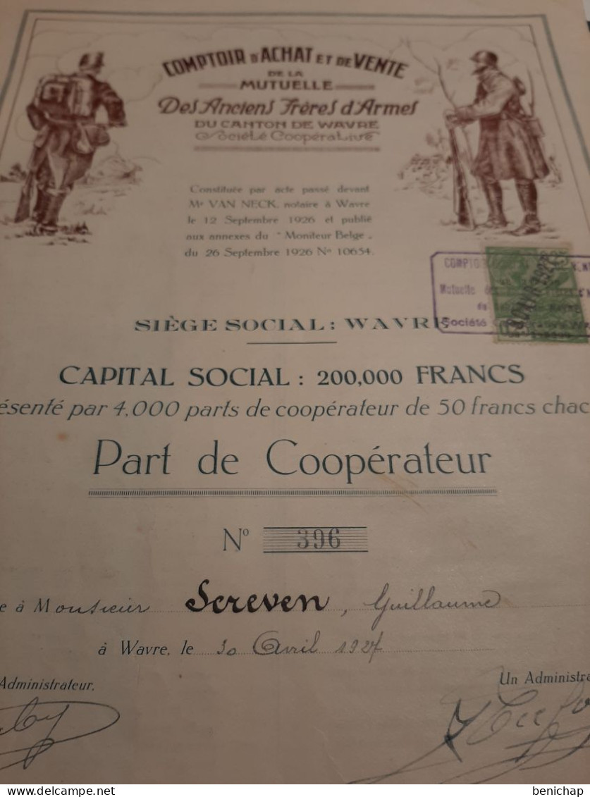 Comptoir D'Achat Et De Vente De La Mutuelle Des Anciens Frères D'Armes Du Canton De Wavre - Part De Coopérateur - 1927. - Bank & Versicherung