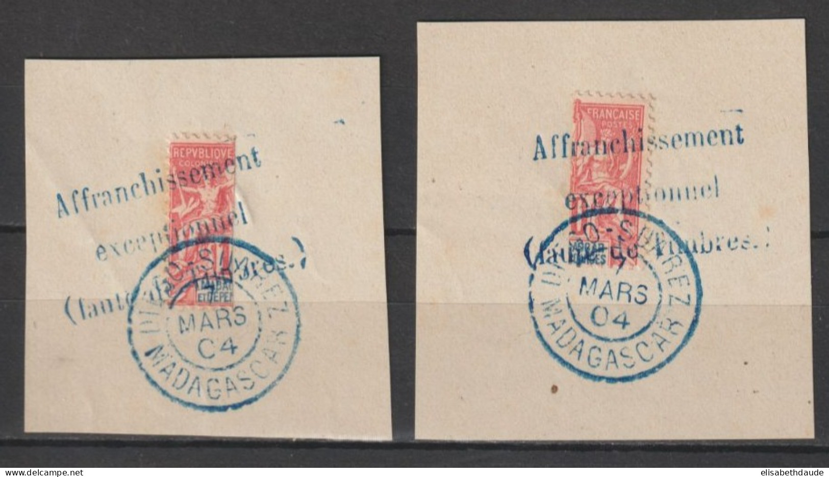 MADAGASCAR - 1904 - AFFRANCHISSEMENT EXCEPTIONNEL FAUTE De TIMBRES ! YVERT N°78B D+G Sur FRAGMENT - COTE = 170 EUR - Usados