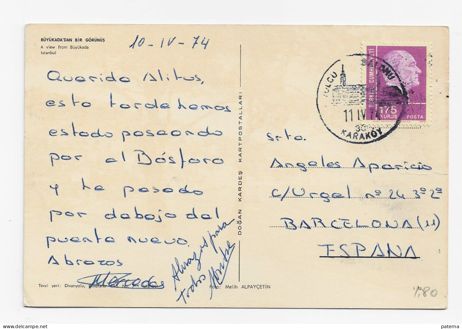 3755  Postal  Karakoy 1974 Turquía , - Covers & Documents