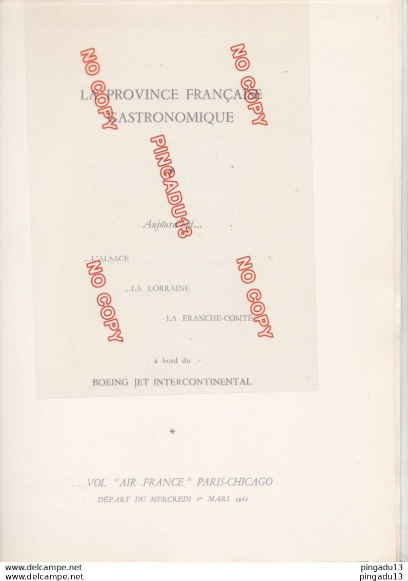 Fixe Menu Air France Province Gastronomique Alsace Lorraine .. Vol Paris Chicago 1 Mars 1961 Illustrateur Georget - Menus