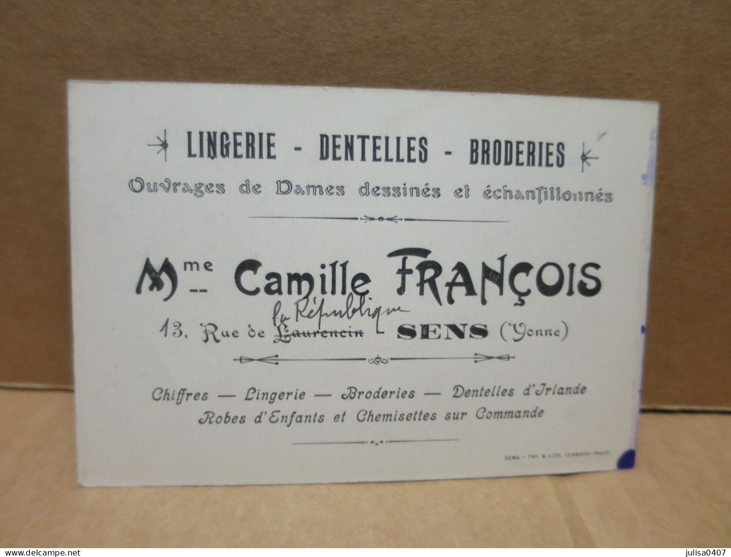 SENS (89) Carte De Visite Mme Camille François Lingerie Dentelles Broderies - Sens
