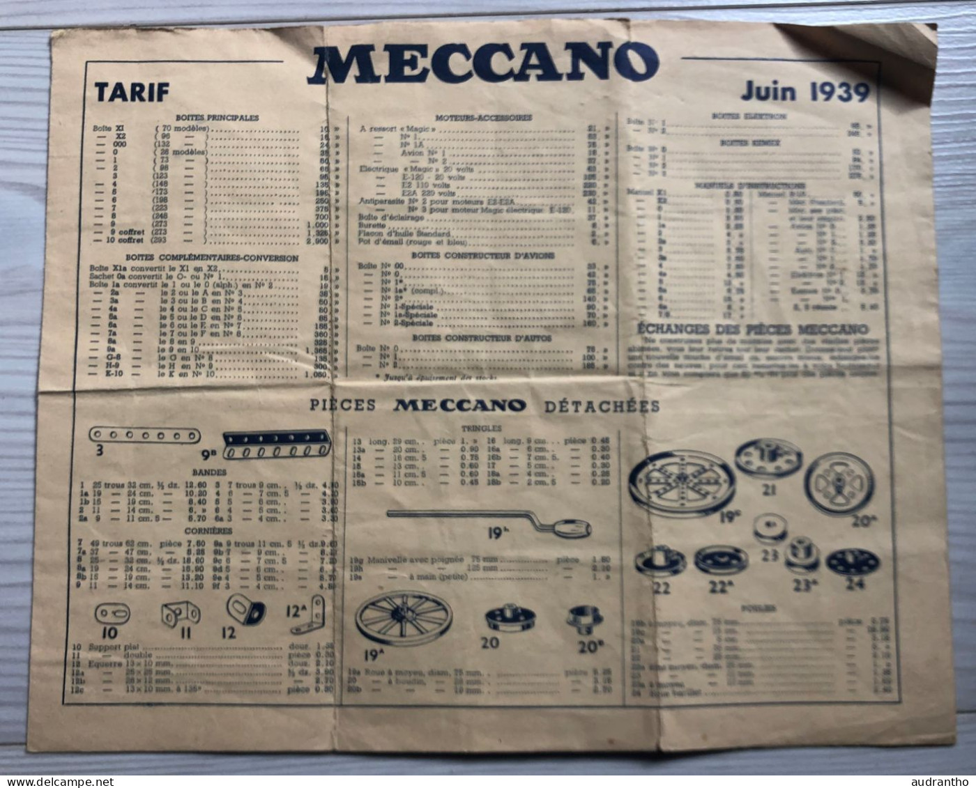 Ancien TARIF De 1939 - Jeu De Construction MECCANO - Meccano