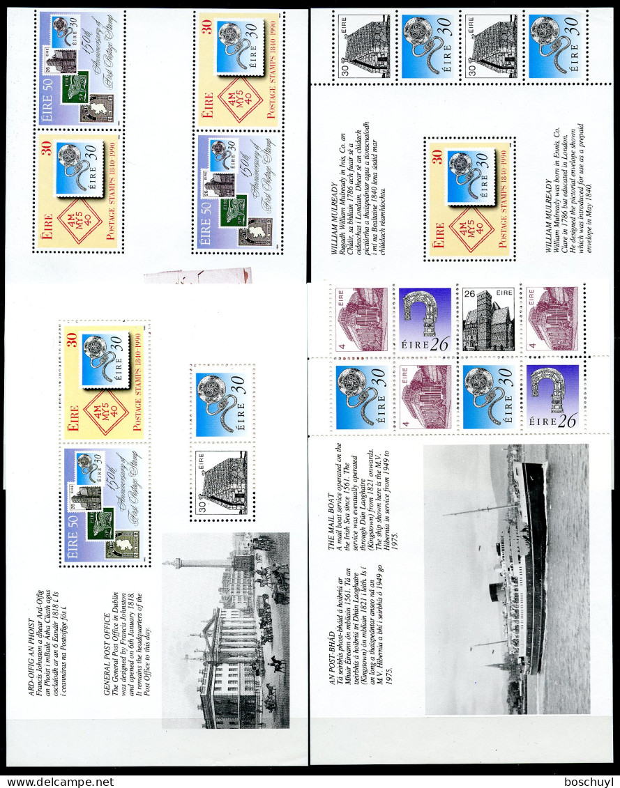 Ireland, 1990, Stamps On Stamps, MNH Booklet Panes, Michel 718-719A, 718-719D - Blocks & Kleinbögen