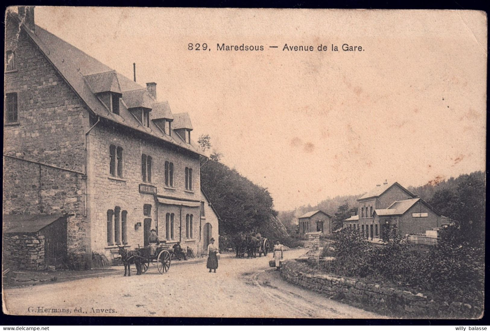 +++ CPA - MAREDSOUS - Avenue De La Gare - Hôtel De Belle Vue - Attelage Ane - Cheval - 1909  // - Anhée