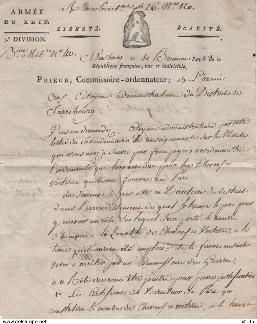 Armee Du Rhin - An 3 - Franchise Commissaire Ordonnateur - Destination Sarrebourg - 1701-1800: Precursores XVIII