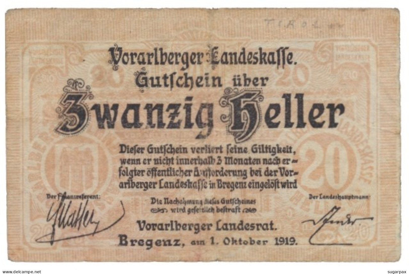 AUSTRIA - 20 Heller - 01.10.1919 - P S 146 - Vorarlberg - Autriche