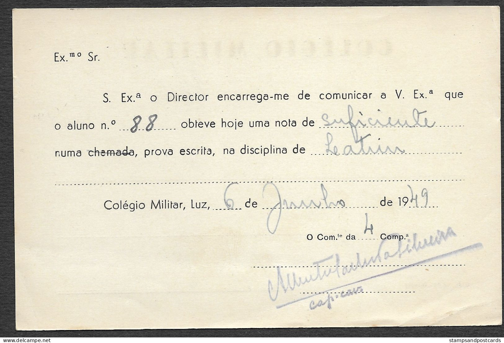 Portugal 1949 Carte Franchise Postal Colégio Militar Collège Militaire Cachet Langue Latin Militar School Official Paid - Storia Postale