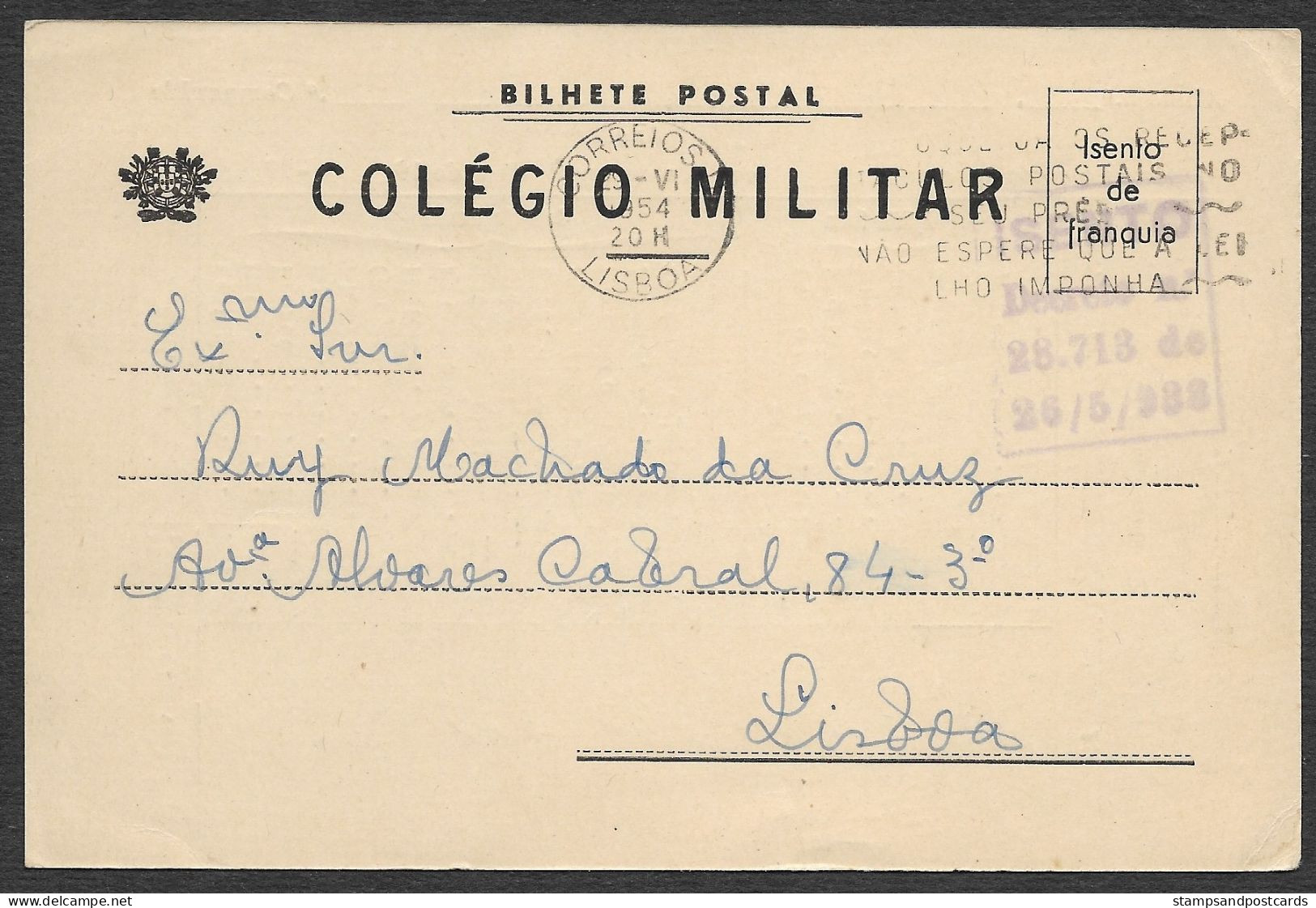 Portugal 1954 Carte Franchise Postal Colégio Militar Collège Militaire Cachet Equitation Militar School Official Paid - Storia Postale