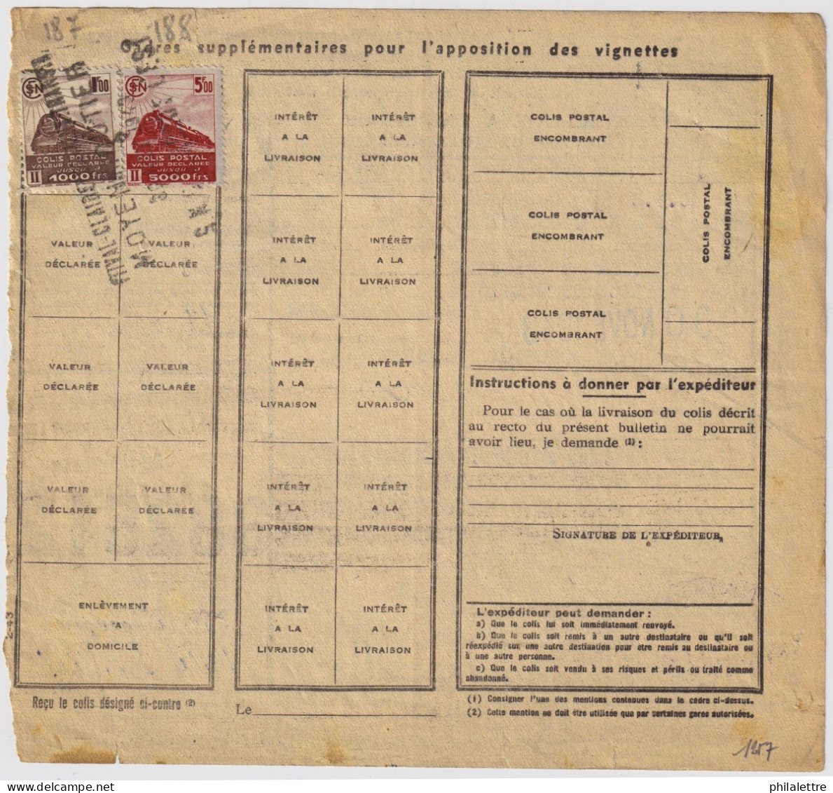 FRANCE / COLIS POSTAUX - 1943 - Yv.187 & Yv.188 Sur Bulletin D'Expédition De Colis Postal De Moyen Moutier à Bordeaux - Brieven & Documenten