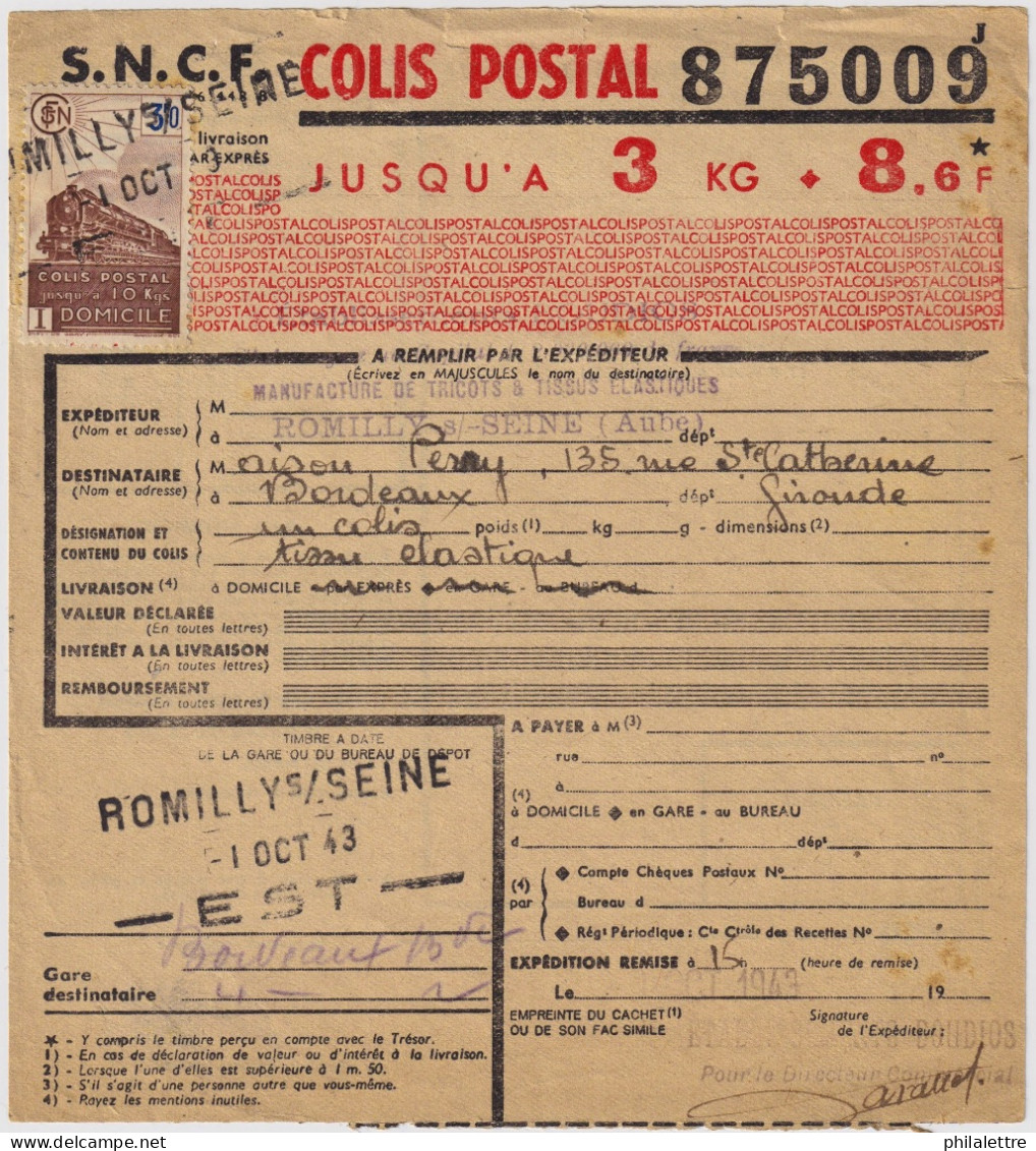 FRANCE / COLIS POSTAUX - 1943 - Yv.208 3fr Brun Sur Bulletin D'Expédition De Colis Postal De Romilly-s/Seine à Bordeaux - Lettres & Documents