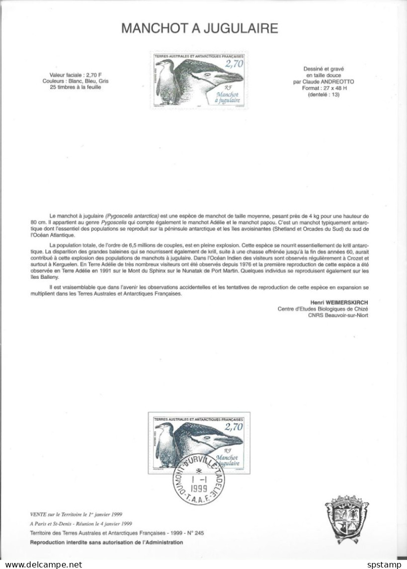 TAAF French Antarctic 1991 2.70 Fr Chinstrap Penguin FU On Official Presentation Page With Colour 'proof' - Used Stamps