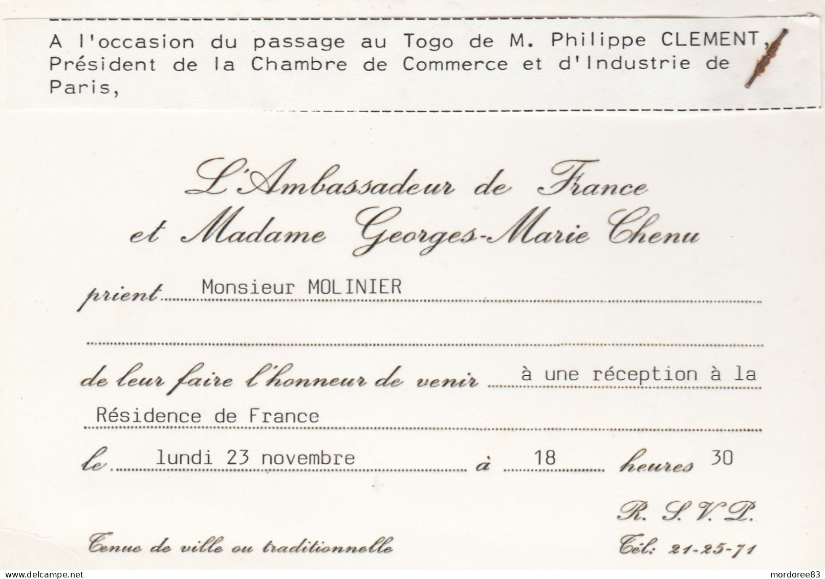 CARTE D INVITATION RECEPTION AMBASSADEUR DE FRANCE AU TOGO GEORGES MARIE CHENU - Documents Historiques