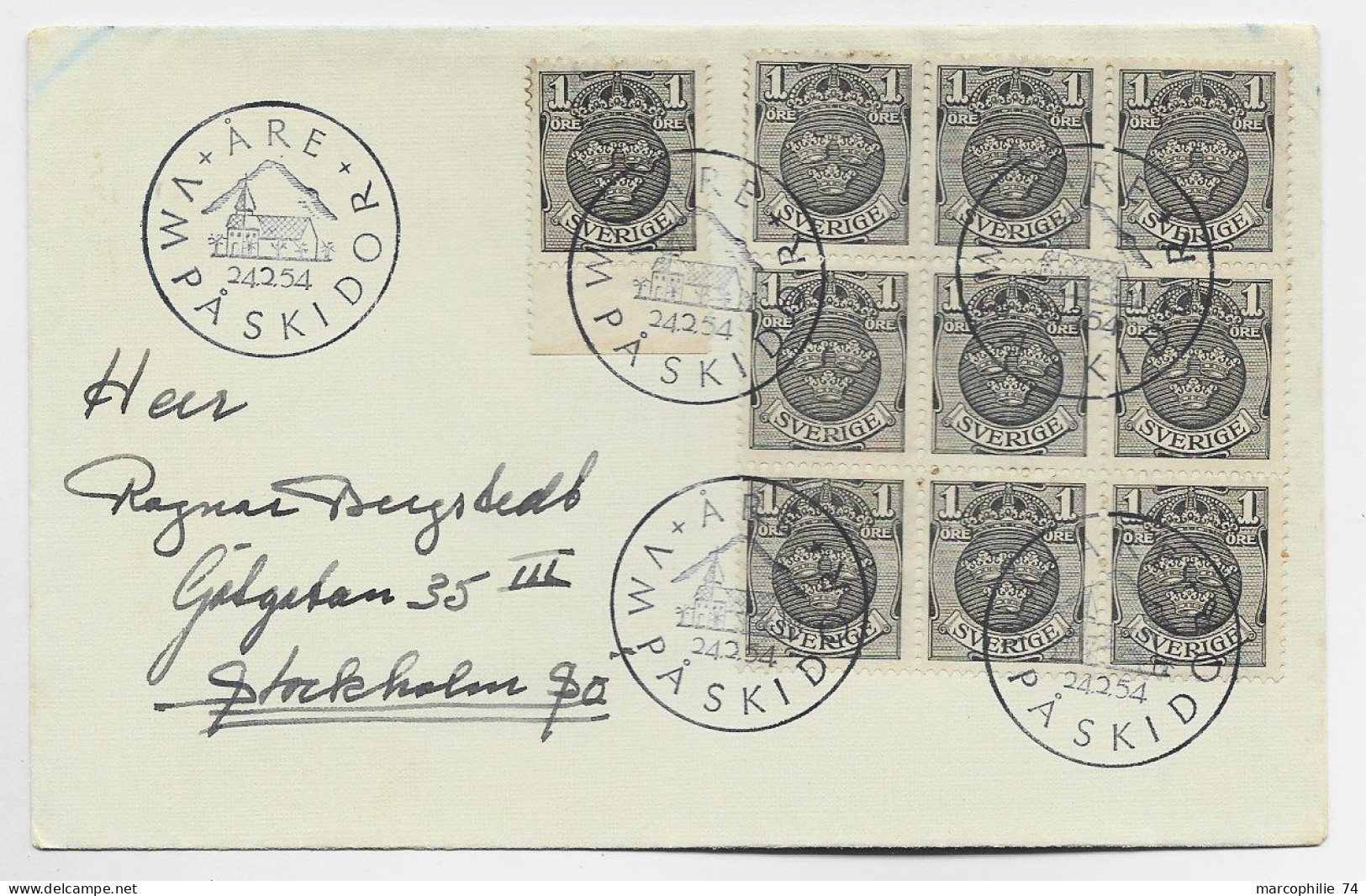 SVERIGE 1 ORE BLOC DE 9+1 LETTRE COVER WA ARE 24.2.1954 PASKIDOR TO STOCKHOLM - Storia Postale