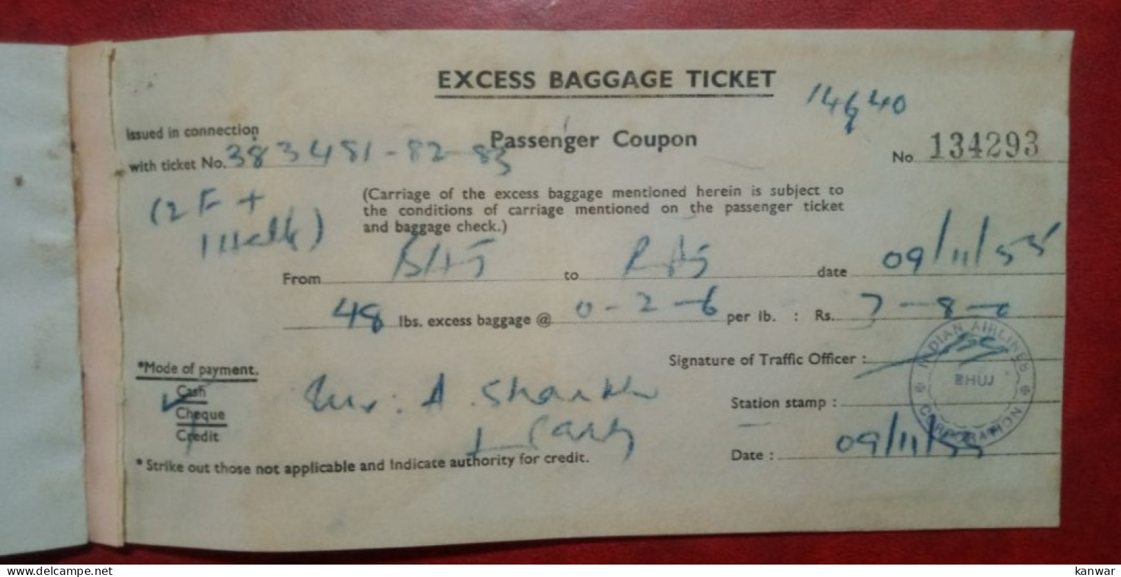1955 INDIAN AIRLINES CORPORATION PASSENGER EXCESS BAGGAGE TICKET - Tickets