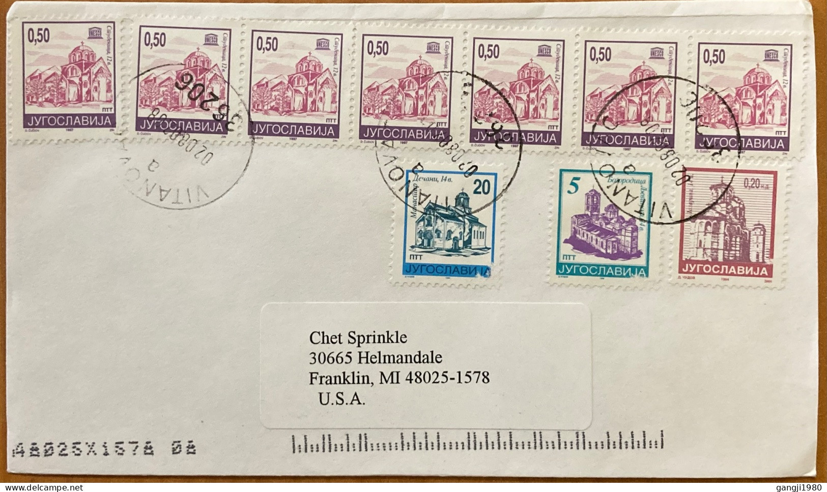 YUGOSLOVAKIA 1997 COVER USED TO USA, ARCHITECTURE BUILDING HERITAGE, CHURCH MULTI 10 STAMPS,VITANOVAC TOWN CANCEL. - Briefe U. Dokumente