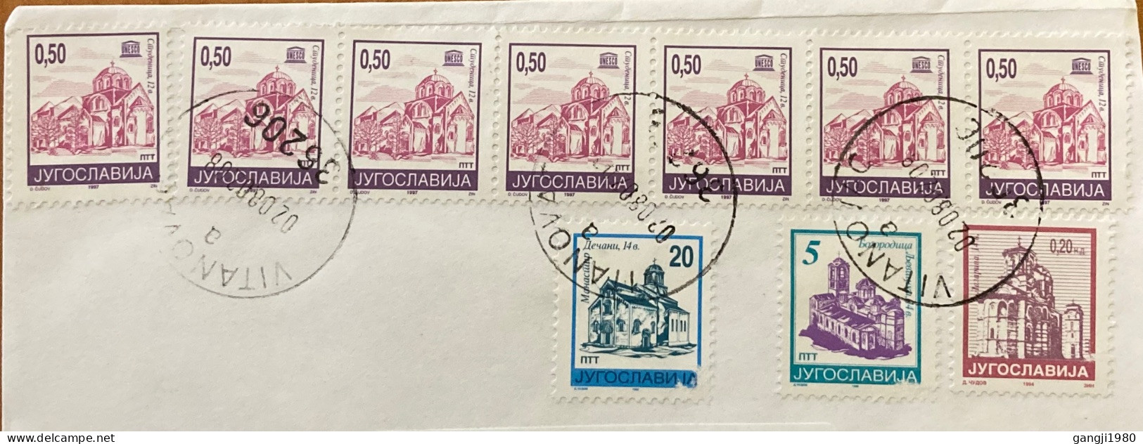 YUGOSLOVAKIA 1997 COVER USED TO USA, ARCHITECTURE BUILDING HERITAGE, CHURCH MULTI 10 STAMPS,VITANOVAC TOWN CANCEL. - Covers & Documents