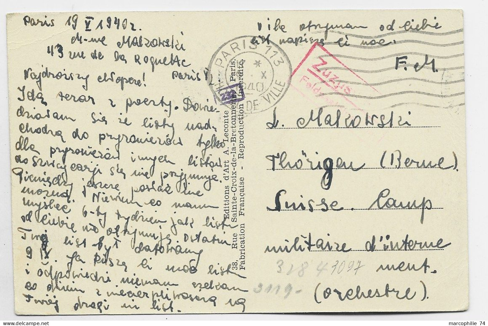 FRANCE CARTE EN FM DE PARIS 19.X.1940 ADRESSEE SUISSE CAMP MILITAIRE INTERNEMENT THORIGEN BERNE SUISSE + FELPOST CENSURE - Annullamenti