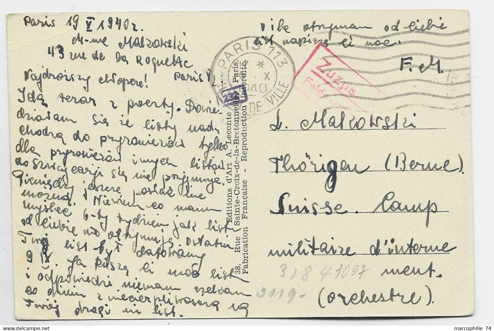 FRANCE CARTE EN FM DE PARIS 19.X.1940 ADRESSEE SUISSE CAMP MILITAIRE INTERNEMENT THORIGEN BERNE SUISSE + FELPOST CENSURE - Oblitérations