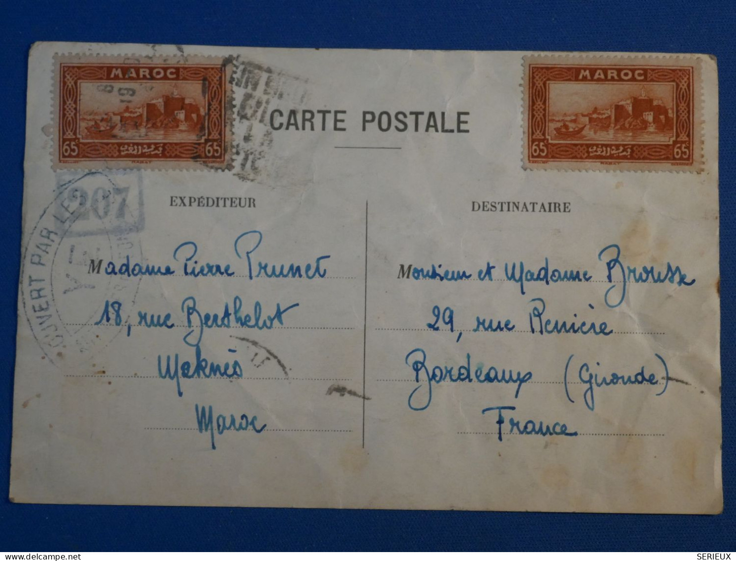 BQ 6 MAROC  BELLE LETTRE CENSUREE 1944  MEKNES  A  BORDEAUX  FRANCE  +AFF. PLAISANT+ - Lettres & Documents