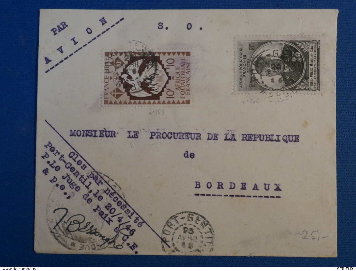 BQ 6 AEF   BELLE LETTRE 1945 PORT GENTIL A BORDEAUX FRANCE +AFF. PLAISANT+ - Lettres & Documents