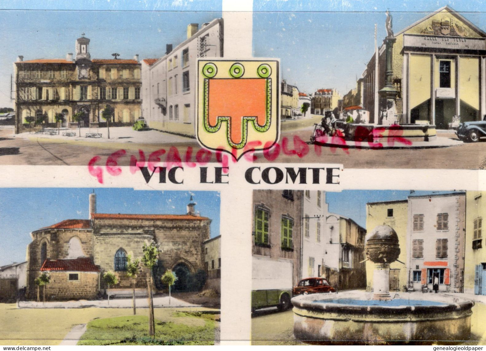 63- VIC LE COMTE - SOUVENIR - MAIRIE SALLE DES FETES- EGLISE -FONTAINE - Vic Le Comte