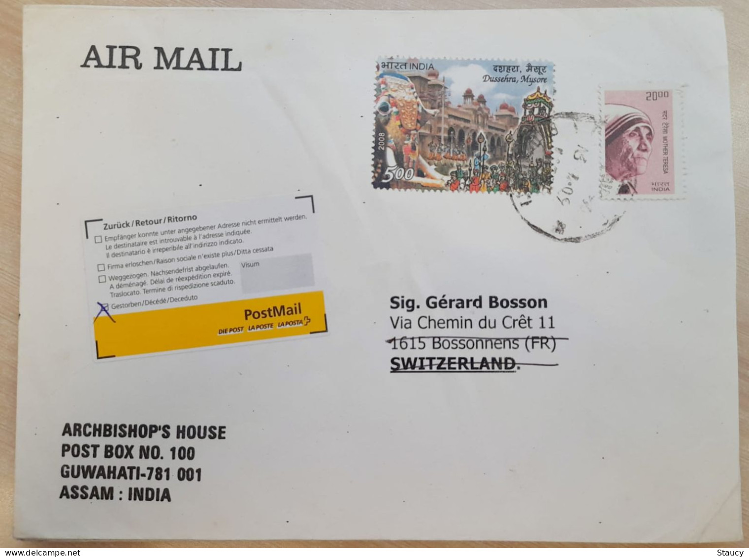 INDIA 2009 RETURN TO SENDER LABEL,AIR MAIL COVER TO SWITZERLAND,2 STAMPS,MOTHER TERESA,ELEPHANT,DUSSEHRA,MYSORE,GUWAHATI - Poste Aérienne