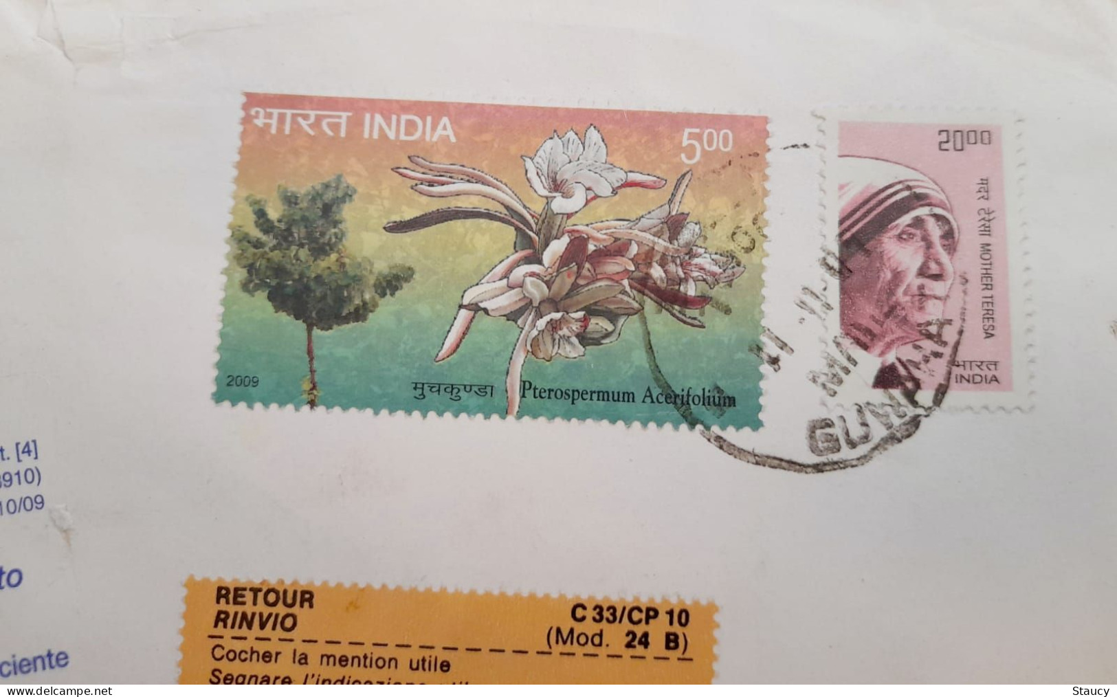 INDIA 2009 RETURN TO SENDER LABEL, AIR MAIL COVER TO SWITZERLAND, 2 STAMPS - MOTHER TERESA + FLOWERS, GUWAHATI - Luftpost