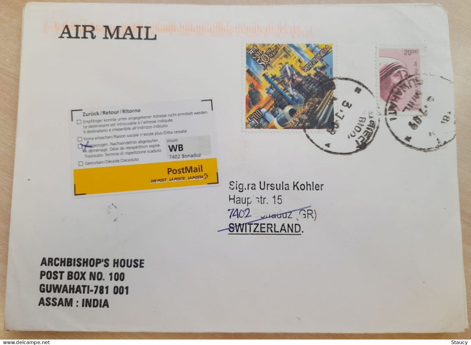 INDIA 2009 RETURN TO SENDER LABEL, AIR MAIL COVER TO SWITZERLAND, 2 STAMPS - MOTHER TERESA + SAIL, GUWAHATI - Luftpost