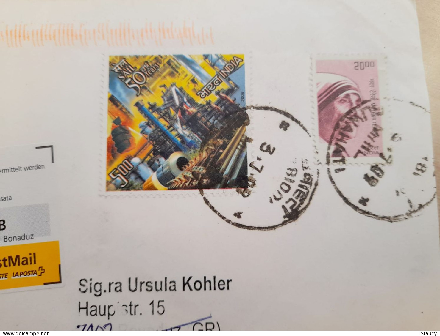 INDIA 2009 RETURN TO SENDER LABEL, AIR MAIL COVER TO SWITZERLAND, 2 STAMPS - MOTHER TERESA + SAIL, GUWAHATI - Luftpost